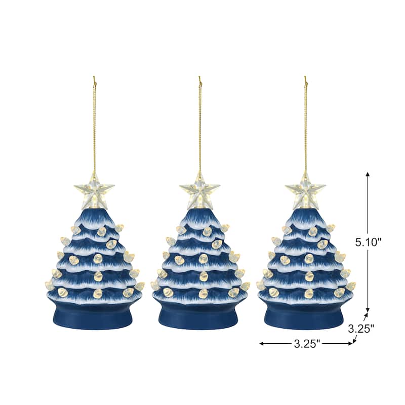 5 in. Set of 3 Nostalgic Ceramic Tree Ornament- Blue with White Bulbs
