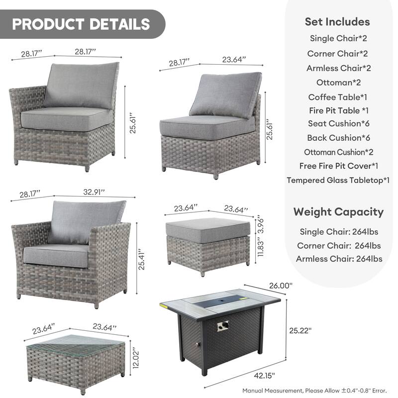 XIZZI 10-piece Patio Furniture Outdoor Sectional Sofa Set with Fire Pit