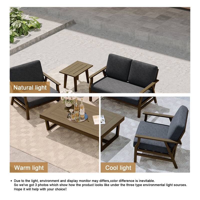 Modern Wood Cushioned Outdoor Patio Sofa Loveseat with Coffee Table