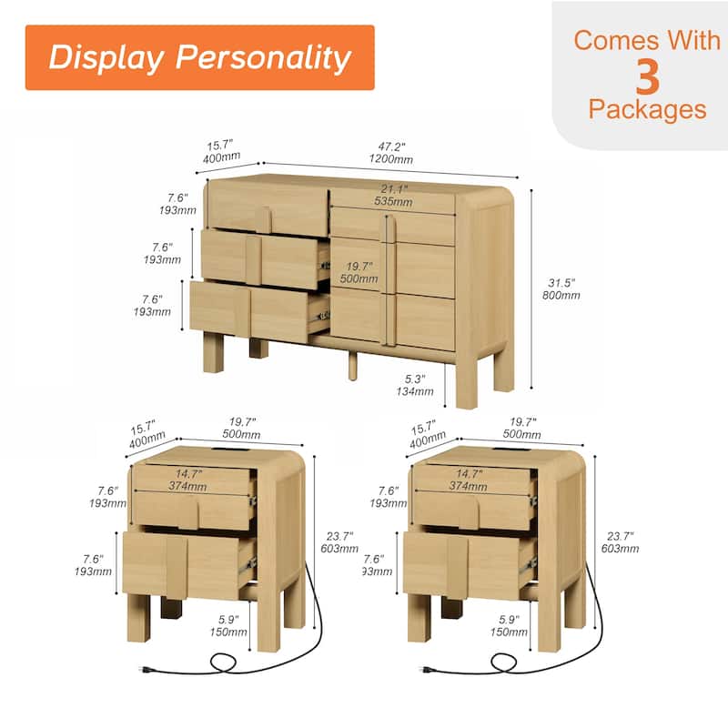 WAMPAT 3 Pcs Bedroom Set,6 Drawer Dresser And Nightstand Sets For Bedroom, Double Dresser With Curved Profile Design