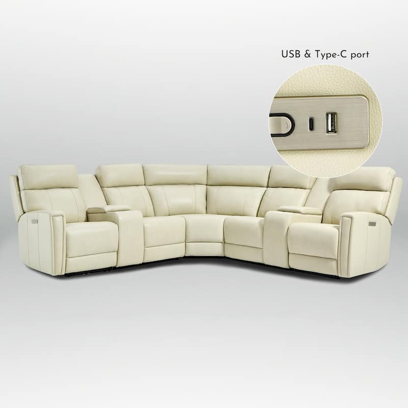 Genuine Leather Power Recliner Sectional Sofa with Ajustable Headrest, USB&USB-C Port