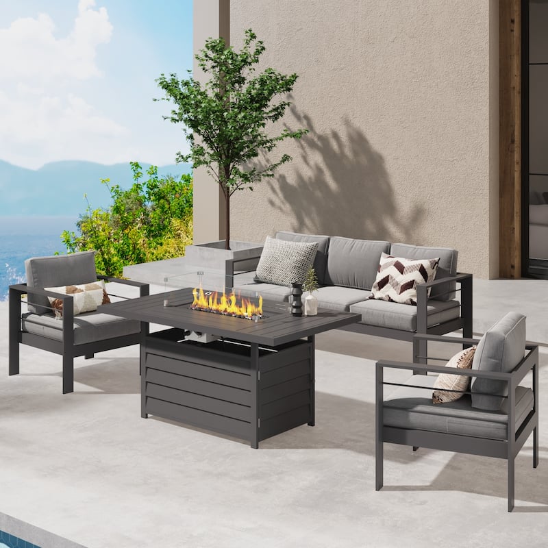 4 Pcs Patio Conversation Set with Propane Firepit - Grey