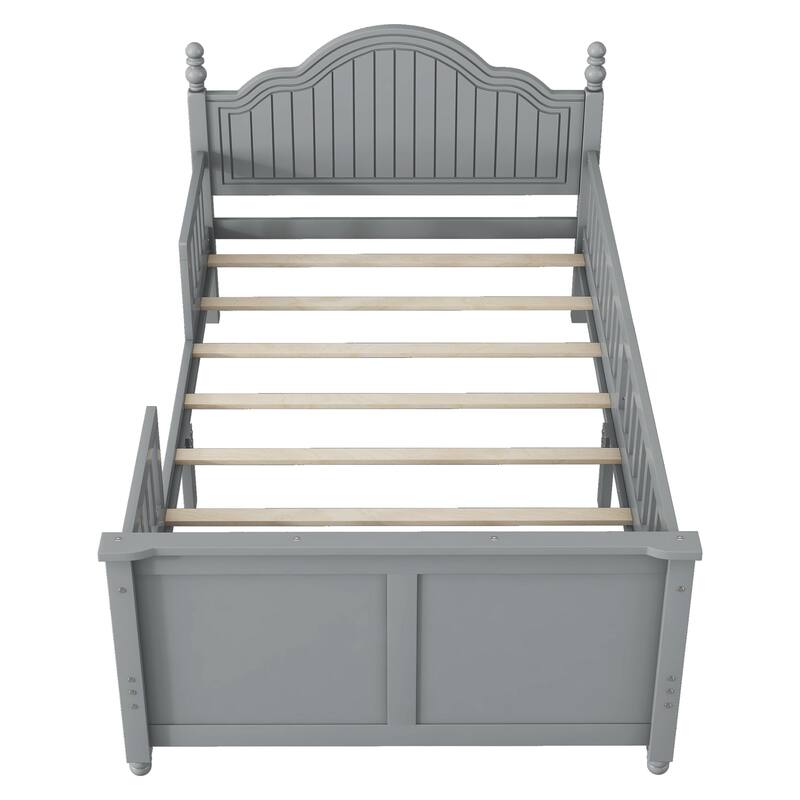 Roomfitters Twin/Full Platform Bed, Slatted Headboard and Removable Guardrails with Wooden Frame for Bedrooms or Guest Rooms