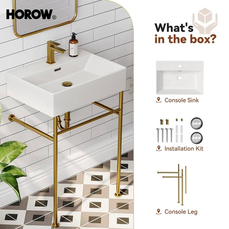 HOROW 24 in. Ceramic White Rectangular Bathroom Console Sink with Golden Legs and Overflow