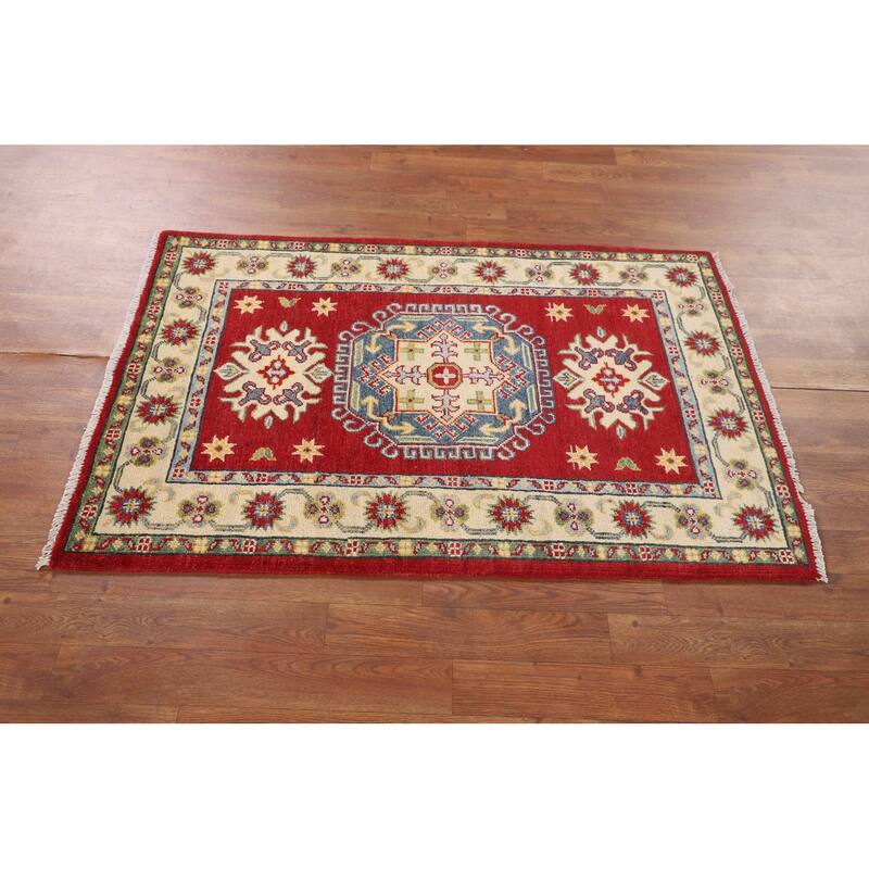 Red Geometric Kazak Foyer Rug Hand-Knotted Wool Carpet - 2'10" x 4'2"