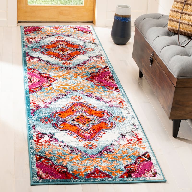 SAFAVIEH Cherokee Myrto Boho Oriental Medallion Rug - 2'3" x 8' Runner - Light Blue/Fuchsia