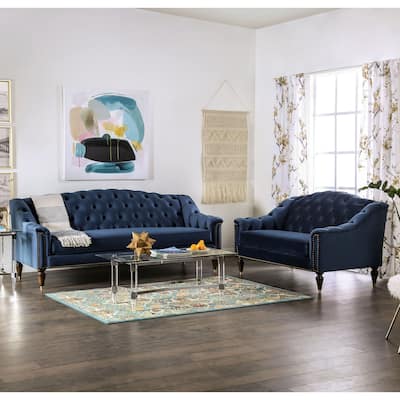 Adeben Transitional Blue Fabric Nailhead Trim Tufted 2-Piece Sofa Set by Furniture of America