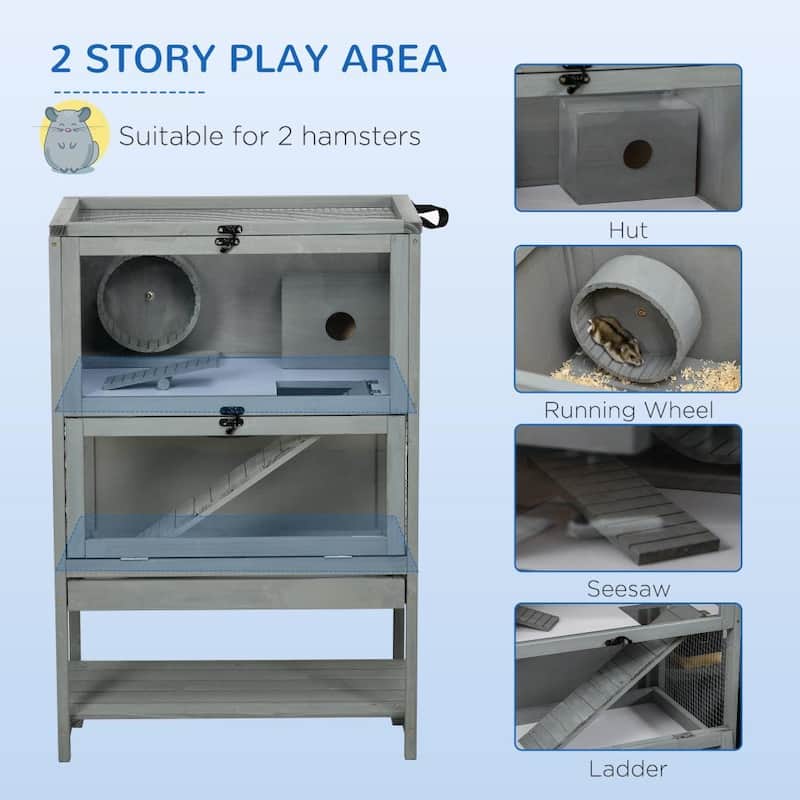 Grey Hamster Cage with Plexiglass Window and Running Wheel Ladder Ramp and Toys - 23.5" L x 15.75" W x 35.5" H
