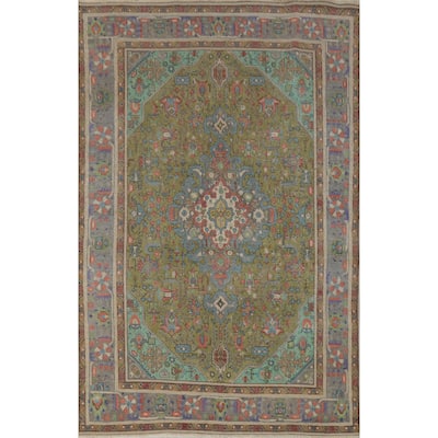 Green Tabriz Persian Vintage Area Rug Traditional Handmade Wool Carpet - 6'4" x 9'5"