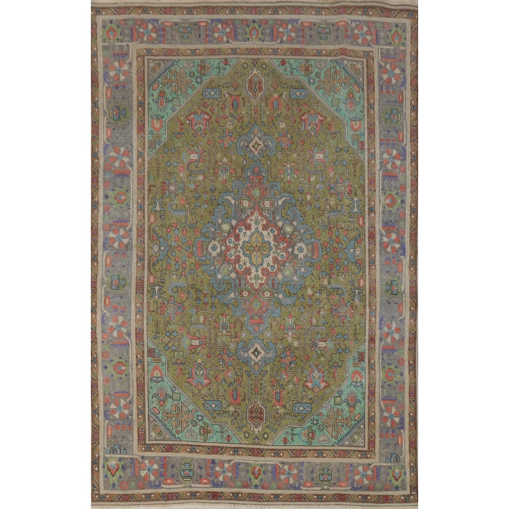 Green Tabriz Persian Vintage Area Rug Traditional Handmade Wool Carpet - 6'4" x 9'5"