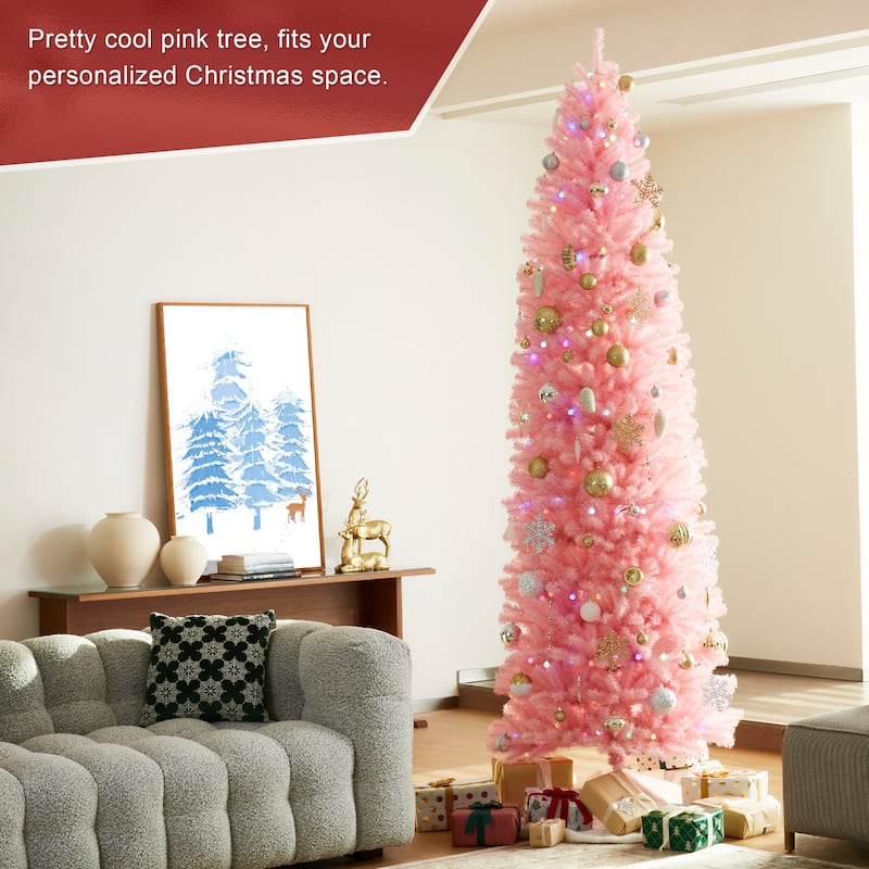 Glitzhome 7.5ft/9ft Shimmering Tinsel Pink Slim Pencil Fir Artificial Christmas Trees