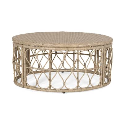 Resy Outdoor Coffee Table, 33 Inch Oval Top, Boho Brown Wicker Woven