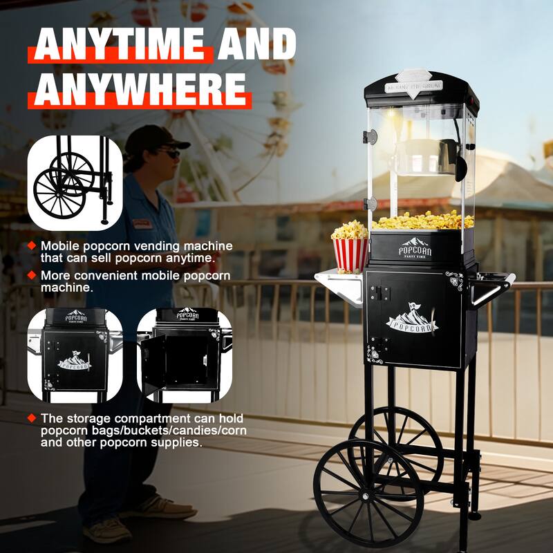 Popcorn Machine with Cart ,Wheels & 10 Oz Kettle Popcorn Maker Measuring 3 plastic spoon Home Theater Popcorn Machine