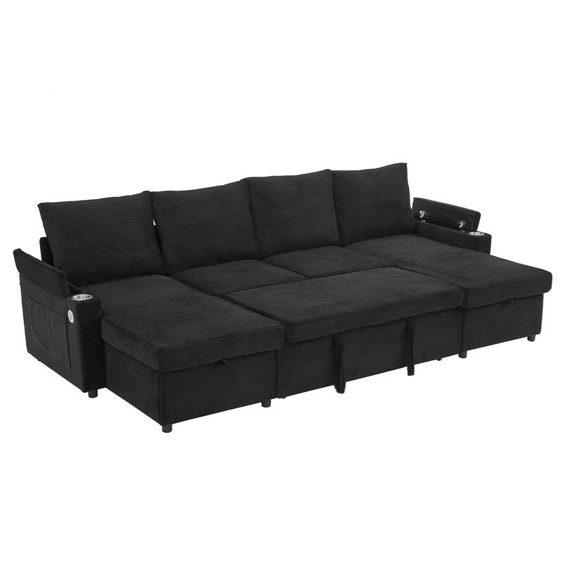 U-Shaped Sectional Sofa Convertible Sleeper Sofa with Dual Storage Chaise Lounges, Cup Holders, USB, Storage Boxes and Pockets