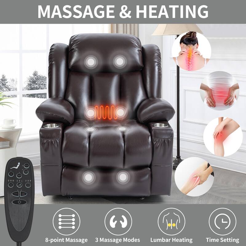 Faux Leather Power Lift Recliner Chair with Massage, Heat, Dual Motors, and Cup Holders