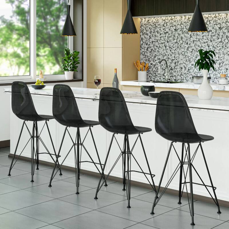 Cresco Acrylic Barstool in Brushed Black Steel Base with Ergonomic Seat, Footrest, & Floor Pads for Kitchen or Home Bar Set of 2