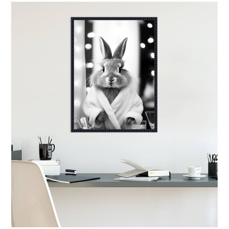 Kate and Laurel Sylvie Bunny Glam Bathroom Art Towel Robe Black and White Framed Canvas by The Creative Bunch Studio