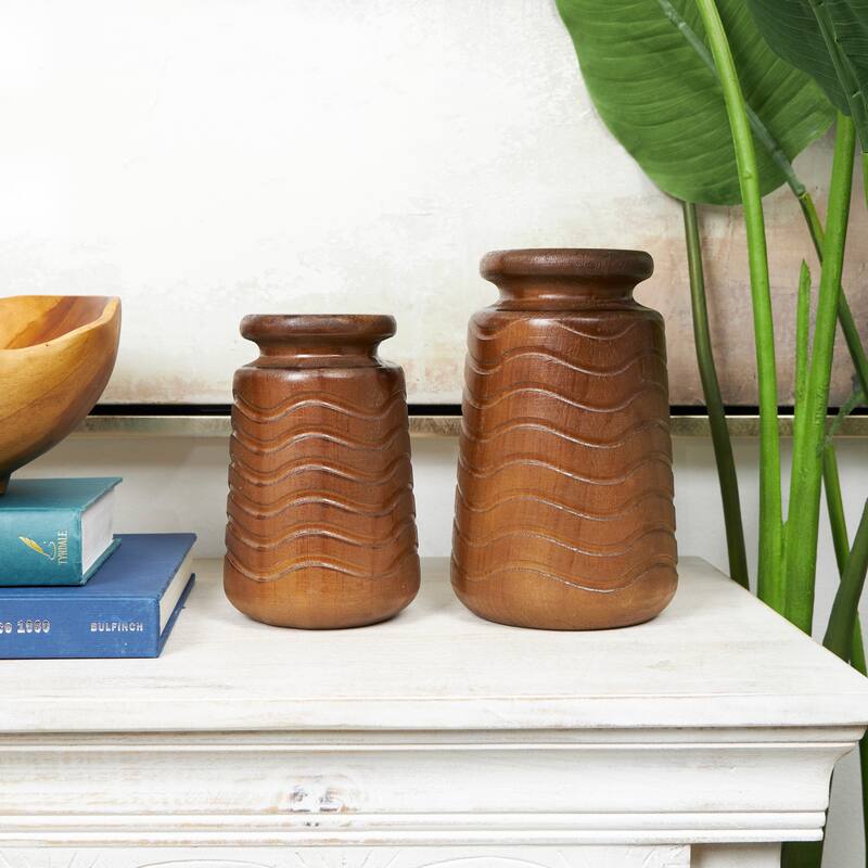 Brown Wood Decorative Vase with Carved Wavy Designs (Set of 2) - Brown
