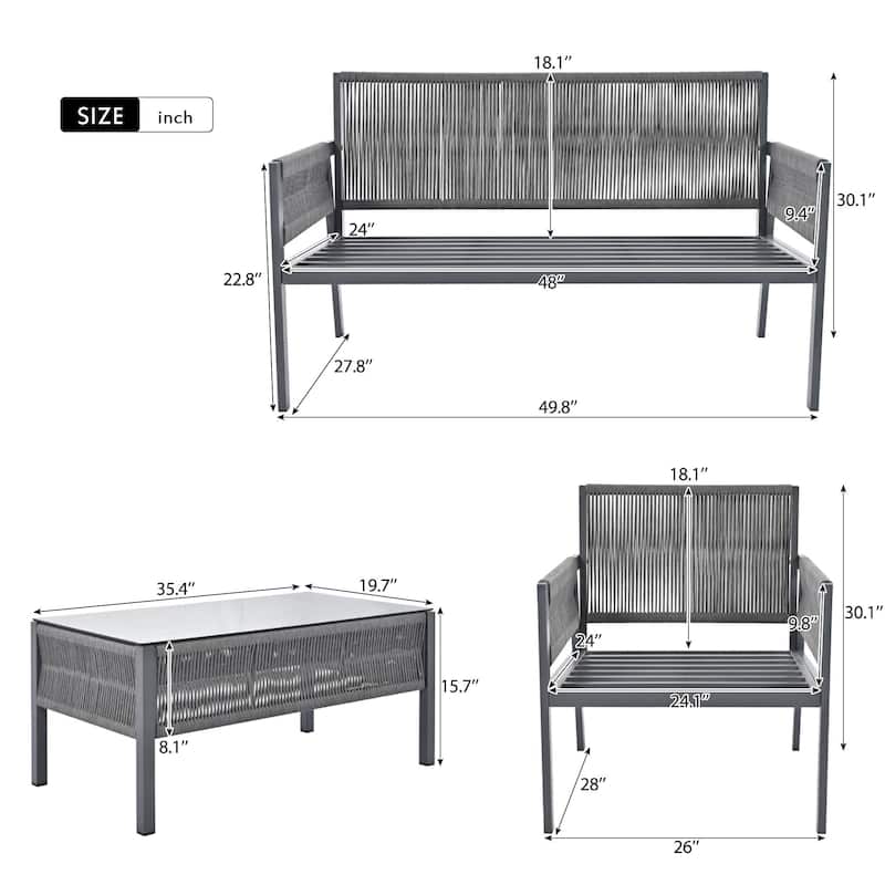 Roomfitters 4-Piece Rope Patio Furniture Set, Outdoor Furniture with Tempered Glass Table, Deep Seating with Thick Cushion