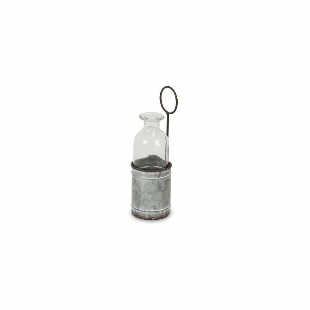 HomeRoots 8" Gray Galvanized Metal and Glass Jar Holder - 2.5" x H: 8"