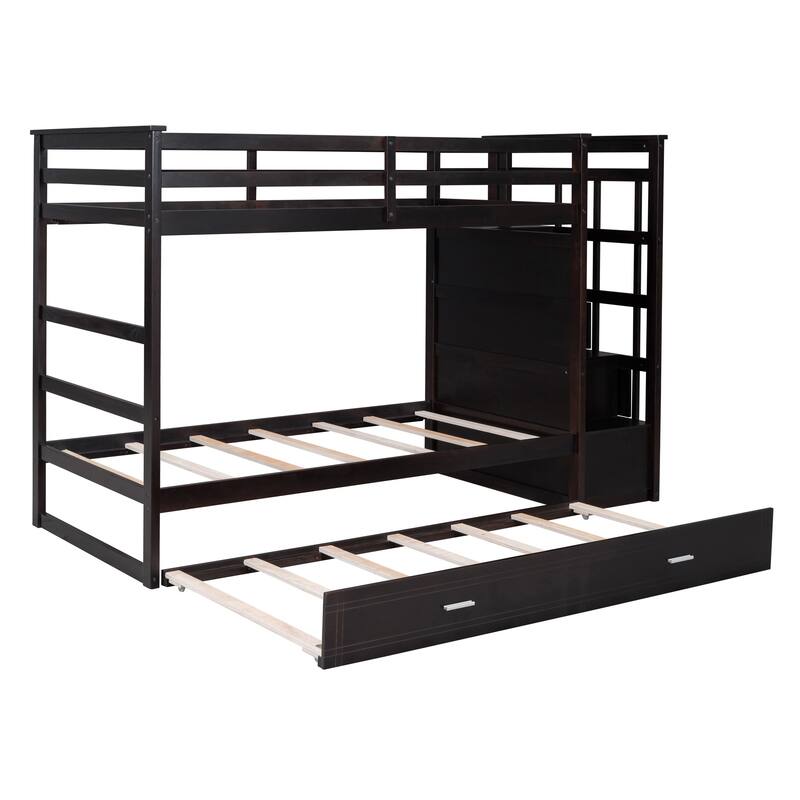 Space-Saving Twin Over Twin/Full Over Full Bunk Bed with Trundle and Storage Stairs, Solid Pine Wood Frame