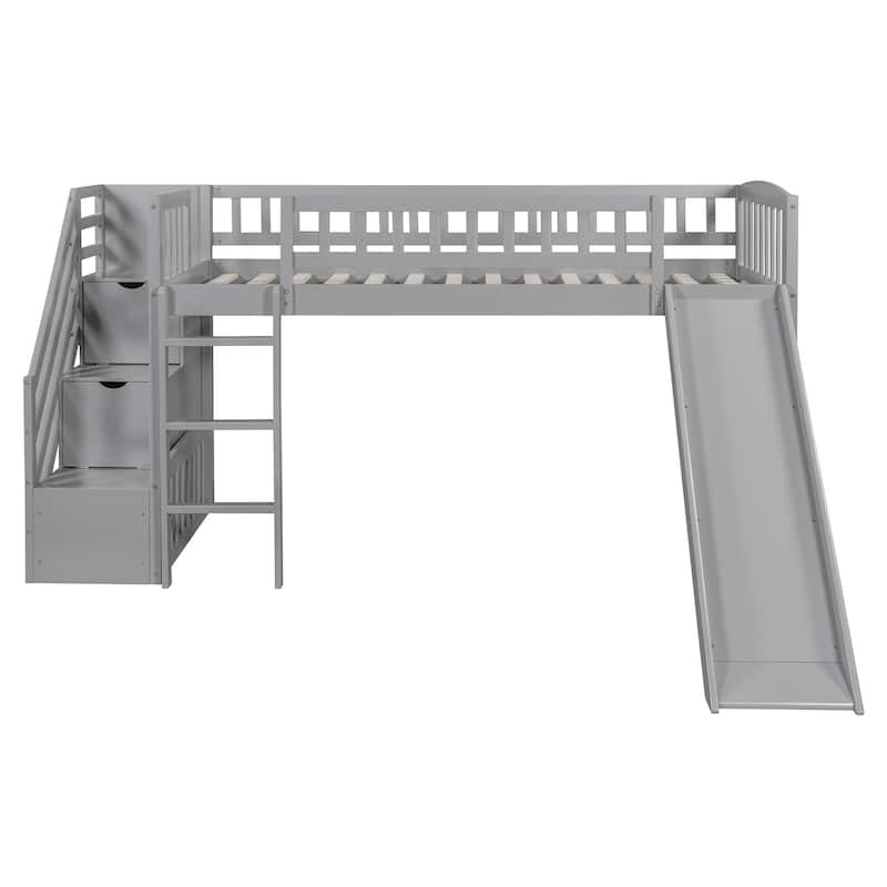 Stairway Twin Size Loft Bed with Two Drawers and Slide