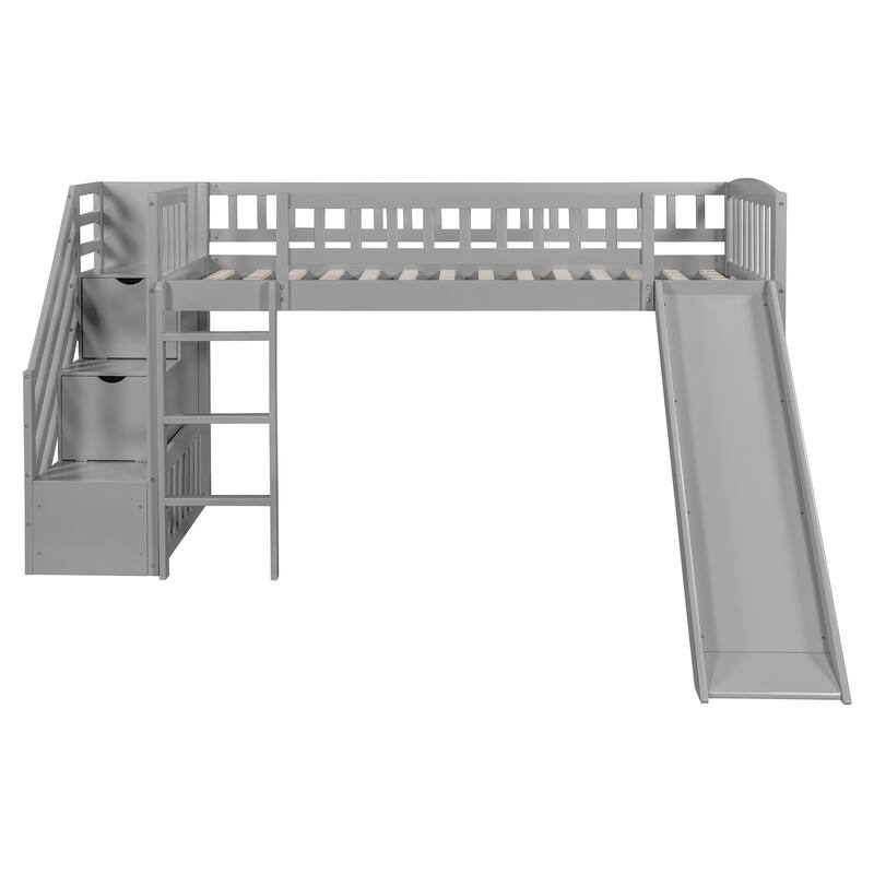 Twin Size Loft Bed with Drawers, Slide, and Staircase, Gray