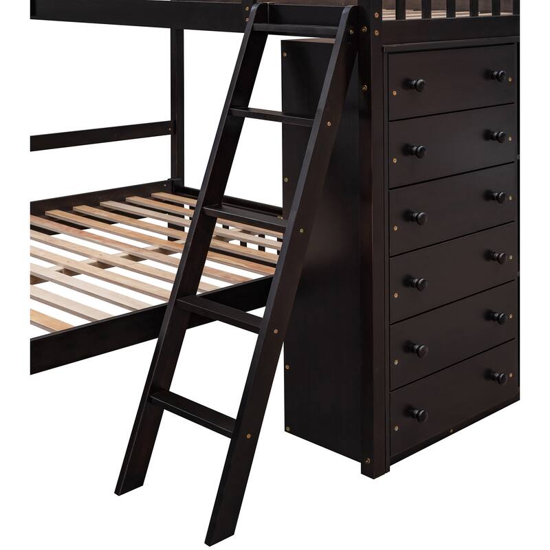 Wooden Twin Over Full Bunk Bed With Six Drawers And Flexible Shelves,Bottom Bed With Wheels,Espresso