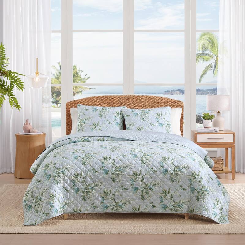 Tommy Bahama Floral Enchantment Blue Cotton Reversible Quilt Set