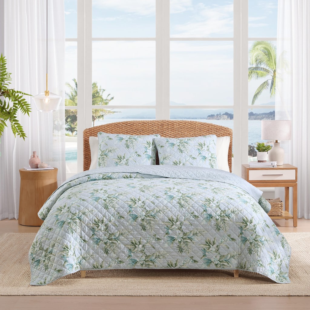Tommy Bahama Floral Enchantment Blue Cotton Reversible Quilt Set
