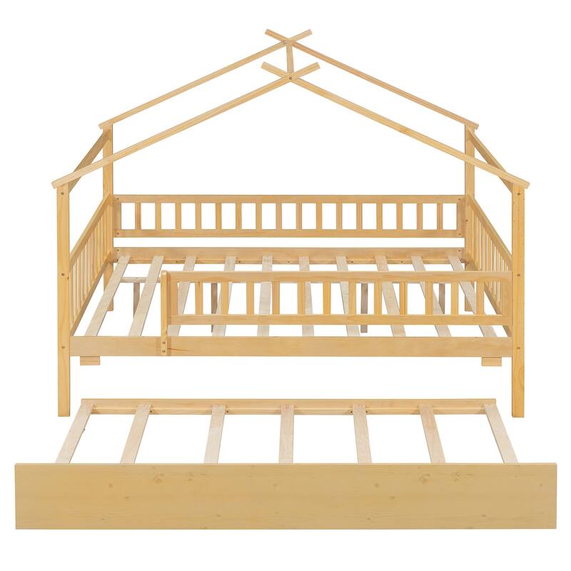 Montessori Bed House Bed with Trundle Bed and Headboard, Wood Daybed Platform Bed Frame No Box Spring Needed for Boys Girls