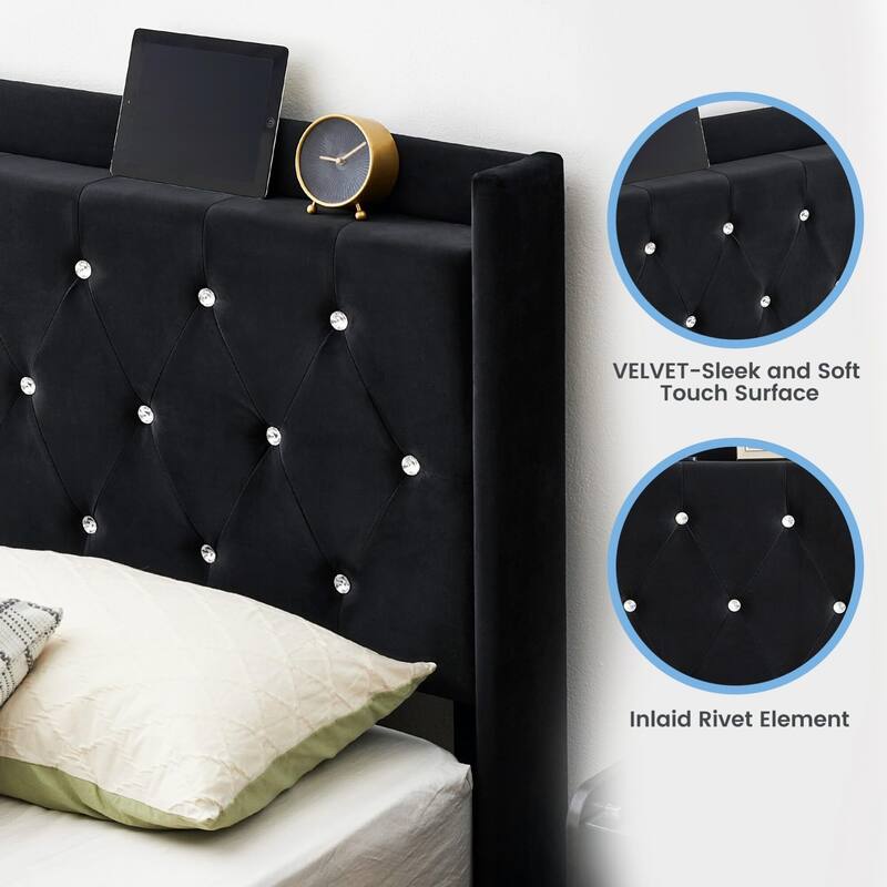 Floating Velvet Upholstered Bed Frame with LED Lights