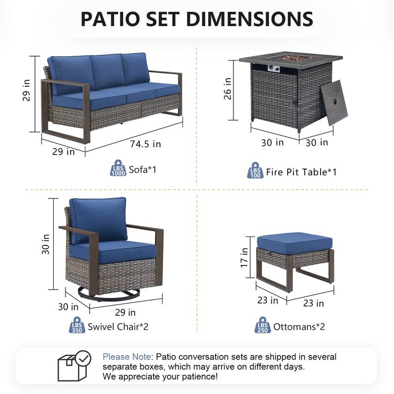 Pocassy Outdoor Fire Pit with 3-Seat Sofa Swivel Chairs Patio Furniture Set