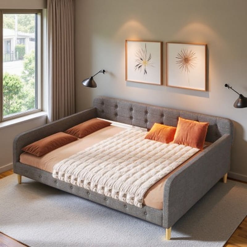 Queen Gray Linen Upholstered Daybed with Solid Pine & MDF Frame, 4 Support Legs, No Box Spring Required