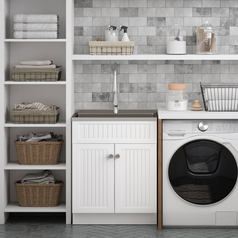 WYNDENHALL Warwick Transitional Laundry Cabinet with Faucet and Stainless Steel Sink - 28" W 34.25" H x 22" D 