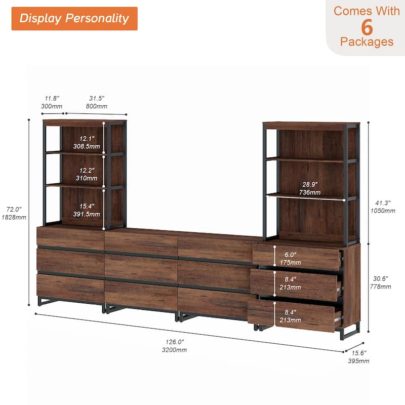 WAMPAT Modern TV Stand with 3 Tiers Bookshelf, Farmhouse Entertainment Center with 12 Drawers and Adjustable Shelf