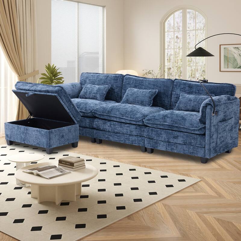 GALDWIN Chenille Upholstered L-shaped Modular Sectional Sleeper Sofa with Movable Storage Ottoman,USB&Type-C - Navy Blue