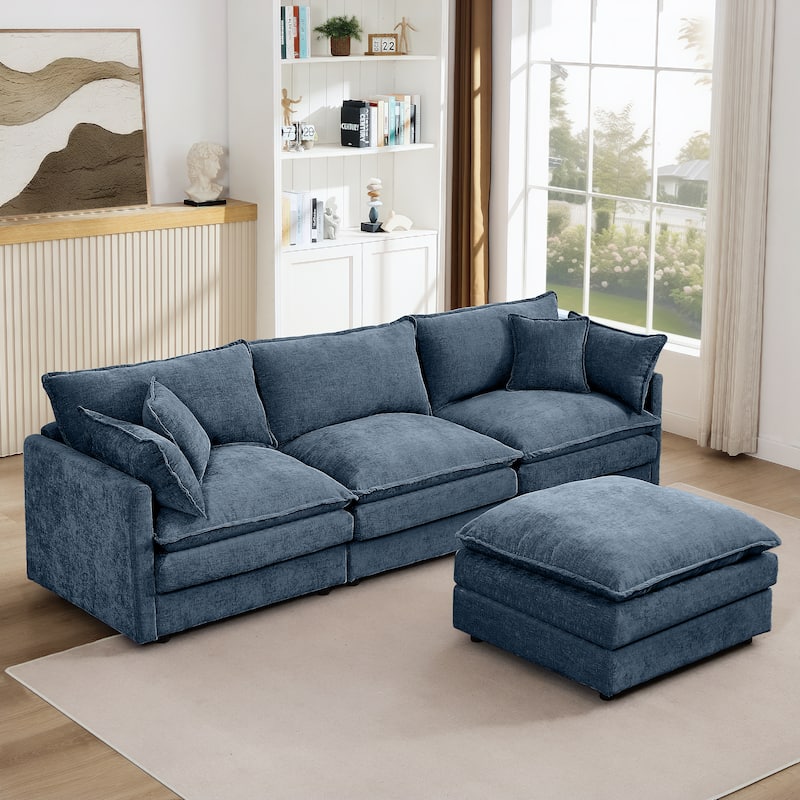 3-Seater Modular Sofa Cloud Couch with Ottoman, 102 Inch L Shaped Sectional Sofa Set for Living Room, DIY Combination Sofa - Blue - Reversible