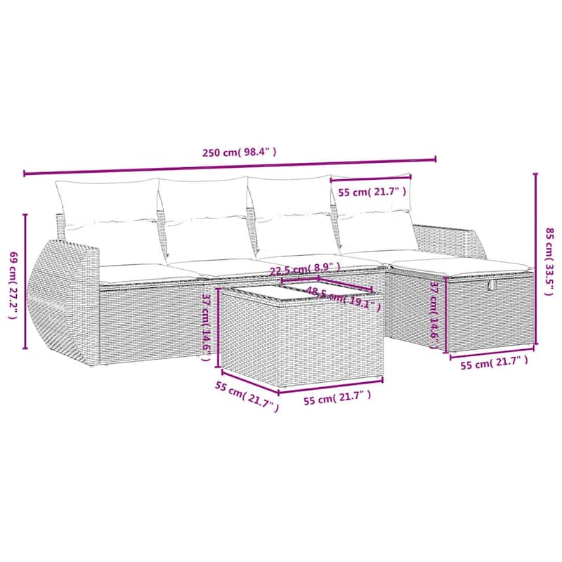 vidaXL Patio Sofa Set with Cushions Outdoor Conversation Furniture Poly Rattan - 21.7" x 24.4" x 27.2"