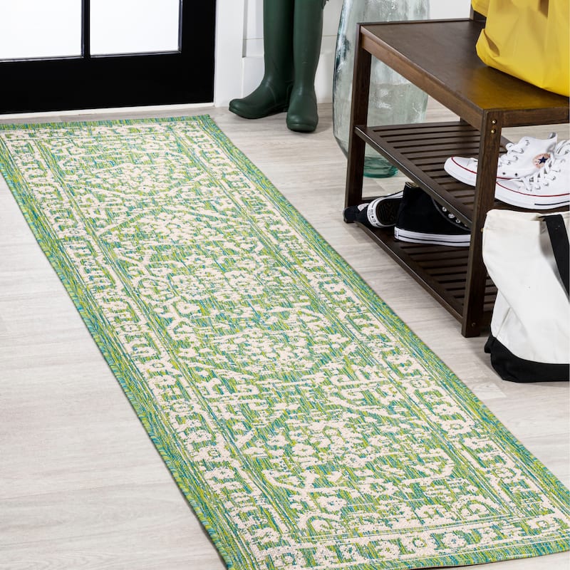 JONATHAN Y Medallion Textured Weave Indoor/Outdoor Area Rug - 2 X 10 - Cream/Green