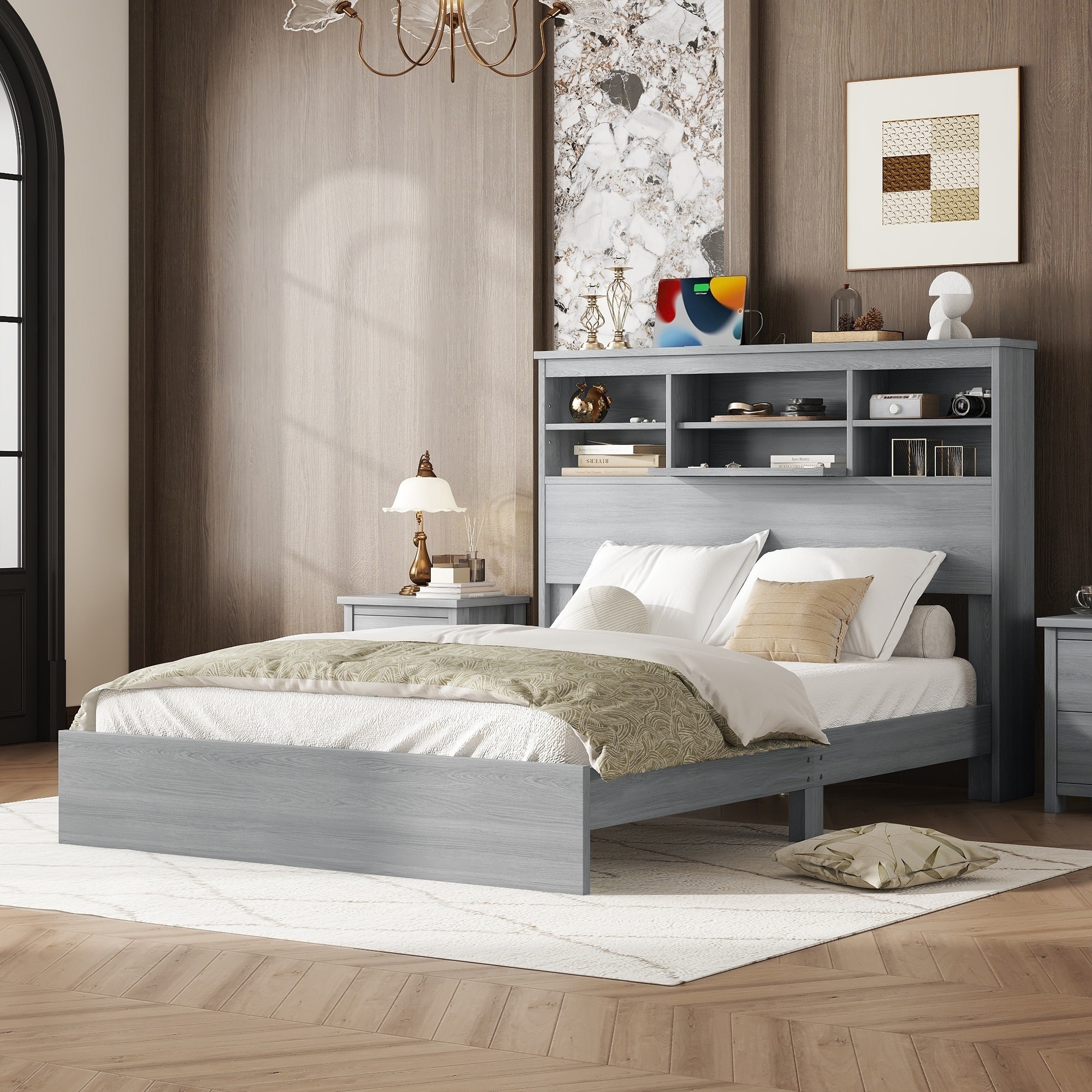 Light Gray Queen Platform Bed with Double Storage Headboard USB and Power Outlets Bed Bath Beyond 41871202