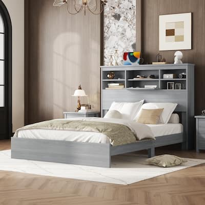 Light Gray Queen Size Vintage Wooden Platform Bed with Storage