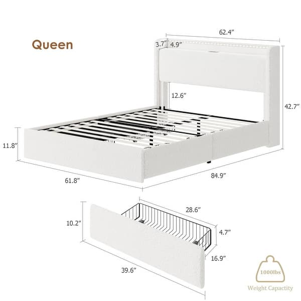dimension image slide 3 of 6, Boucle Bed Frame with Storage Headboard, Upholstered Platform Low Profile Bed Frame with 4 Storage Drawers