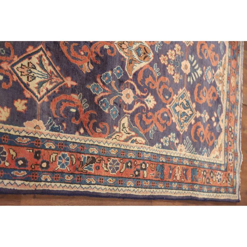 Hand Knotted Oriental 100% Wool Carpet Traditional Geometric Navy Blue & Blues Mahal Runner Rug - 10' 8'' X 3' 5''