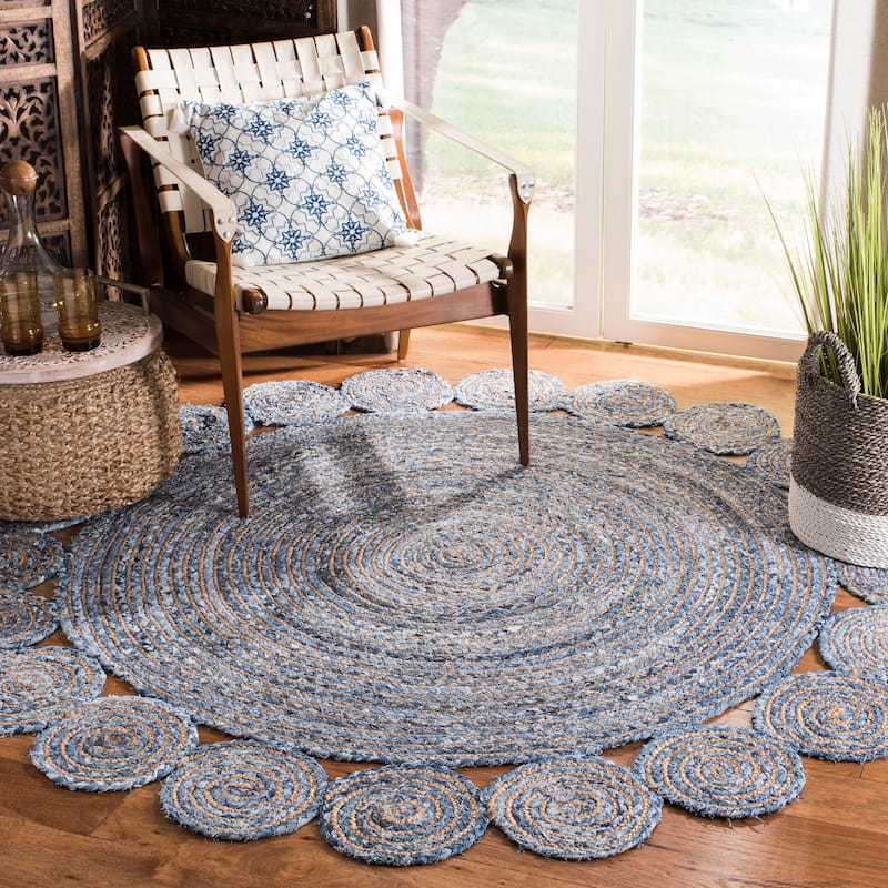 SAFAVIEH Handmade Cape Cod Friedlies Coastal Jute Rug - 5' Round - Blue/Natural