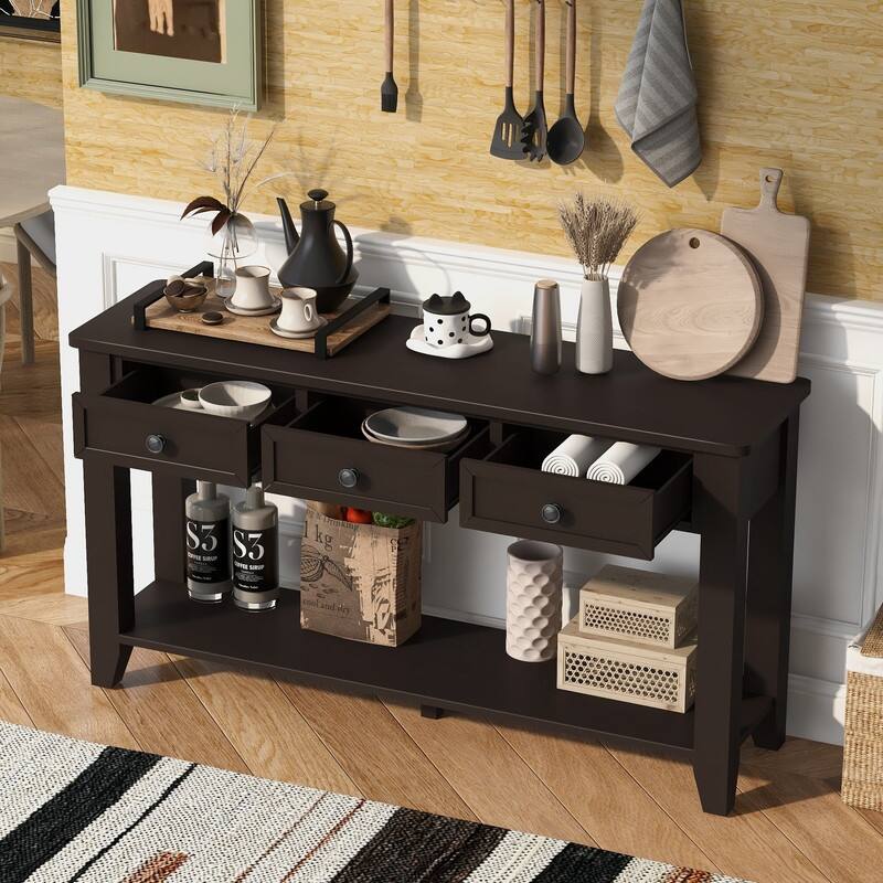 55.4" Modern Entryway Console Table with Three Storage Drawers,Sideboard with Poplar Legs and Metal Handles