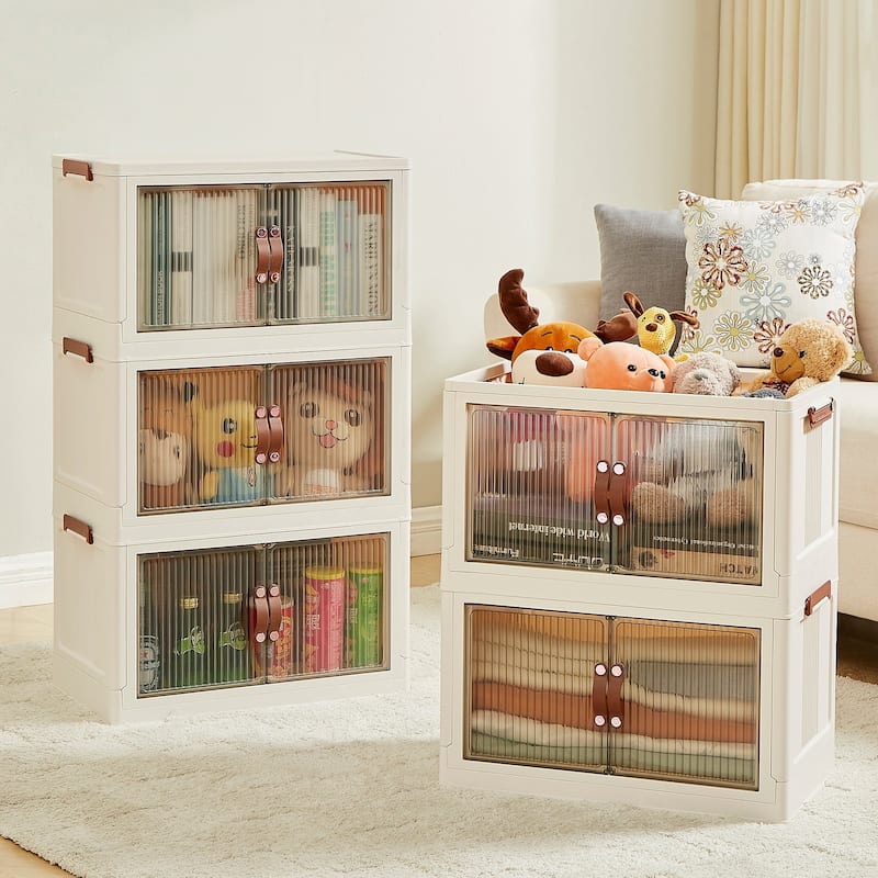 VECELO White PP Plastic Multifunctional Storage Bins with Lid 3/4/5 Tier Stackable Storage Bins with Wheels Magnetic Doors