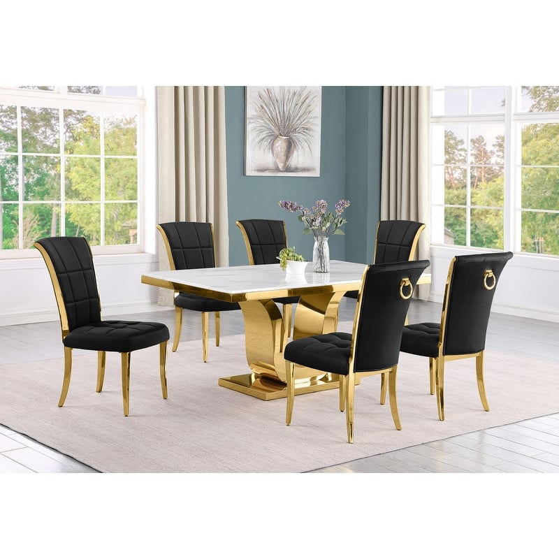 Best Quality Furniture D320-SC324-7 Dining Set with 66" White Marble Top - 7-Piece - Black / Gold