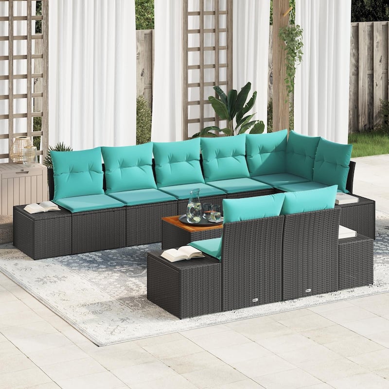 vidaXL 9 Piece Garden Sofa Set with Cushions Black Poly Rattan Acacia - 125.6×60.6×27.2