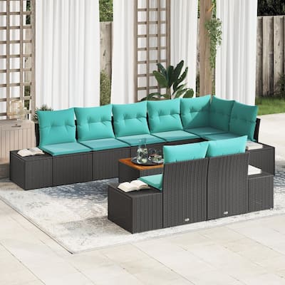vidaXL 9 Piece Garden Sofa Set with Cushions Black Poly Rattan Acacia - 125.6×60.6×27.2